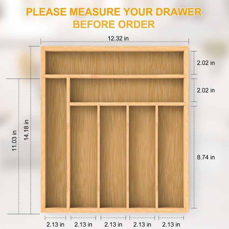 FoverOne Bamboo Silverware Organizer Drawer Tray, 7-Compartment Utensil Drawer Organizer for Kitchen & Office, Flatware Holder for Forks, Spoons, Cutlery - Image 2